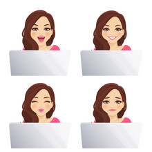 Young Woman Using Laptop Computer With Different Facial Expression Set Isolated Vector Illustration