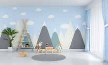 Table And Chair In Blue Children Room For Mockup, 3D Rendering