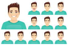 Young Man With Different Facial Expressions Set Vector Illustration Isolated
