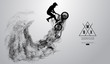Abstract silhouette of a bmx rider on the white background from particles, dust, smoke, steam. Bmx rider jumps and performs the trick. Background can be changed to any other. Vector illustration