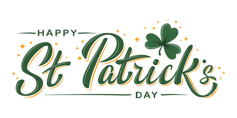 happy st. patrick day lettering poster with green shamrock and orange stars. irish traditional holid