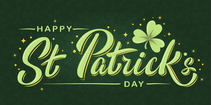 happy st. patrick's day lettering poster with shamrock and stars on dark green clover background. fo