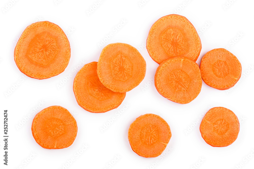 Carrot slice isolated on white background. Top view. Flat lay - obrazy, fototapety, plakaty 
