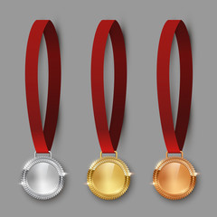Wall Mural - Award golden, silver and bronze medals 3d realistic vector color illustration on gray background