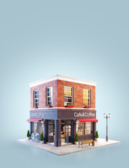 Unusual 3d illustration of a cozy cafe