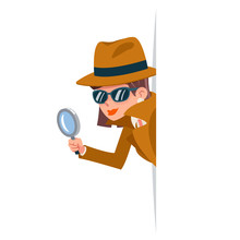 Cute Woman Snoop Detective Magnifying Glass Tec Peeking Out Corner Search Help Noir Female Cartoon Character Design Isolated Vector Illustration