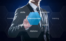 Person Touching Button With Word Qualification, Concept About Professional Certification For Skilled Work