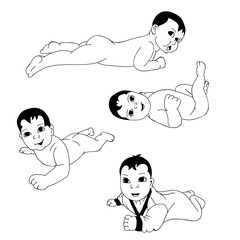 Set  of a baby on a white background in black and white color. 0-12 months. Various poses. First year activities. Sleeping positions, on stomach, on back.  Vector Illustration isolated on white backgr