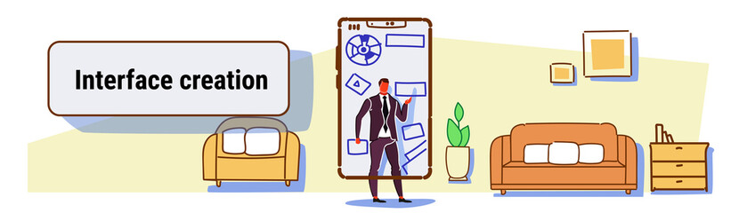 business man developer using mobile application interface creation development concept business man touching smartphone screen sketch flow style horizontal banner