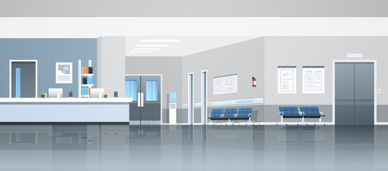 hospital reception waiting hall with counter seats doors and elevator empty no people medical clinic interior horizontal banner panorama flat