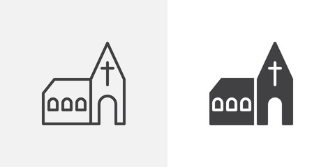 Church building icon. line and glyph version, outline and filled vector sign. Monastery linear and full pictogram. Symbol, logo illustration. Different style icons set