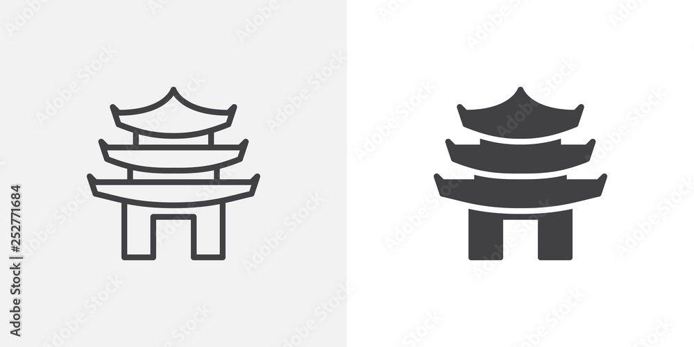 Asian pagoda icon. line and glyph version, outline and filled vector sign. Chinese Temple linear and full pictogram. Symbol, logo illustration. Different style icons set - obrazy, fototapety, plakaty 