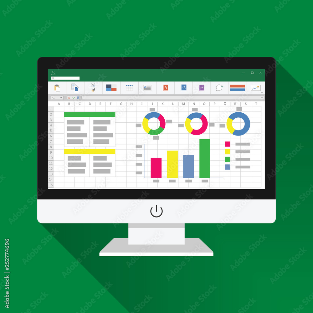 Spreadsheet on Computer screen flat icon. Financial accounting report ...