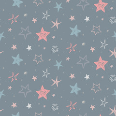 Wall Mural - Vector holiday seamless pattern with hand drawn stars. Endless festive background.