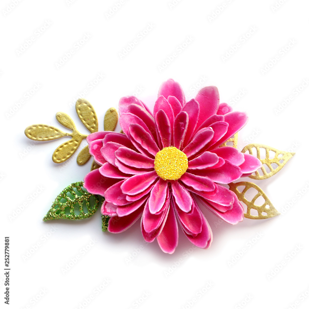 Handmade artificial paper flower brightly pink color and leaves of gold ...