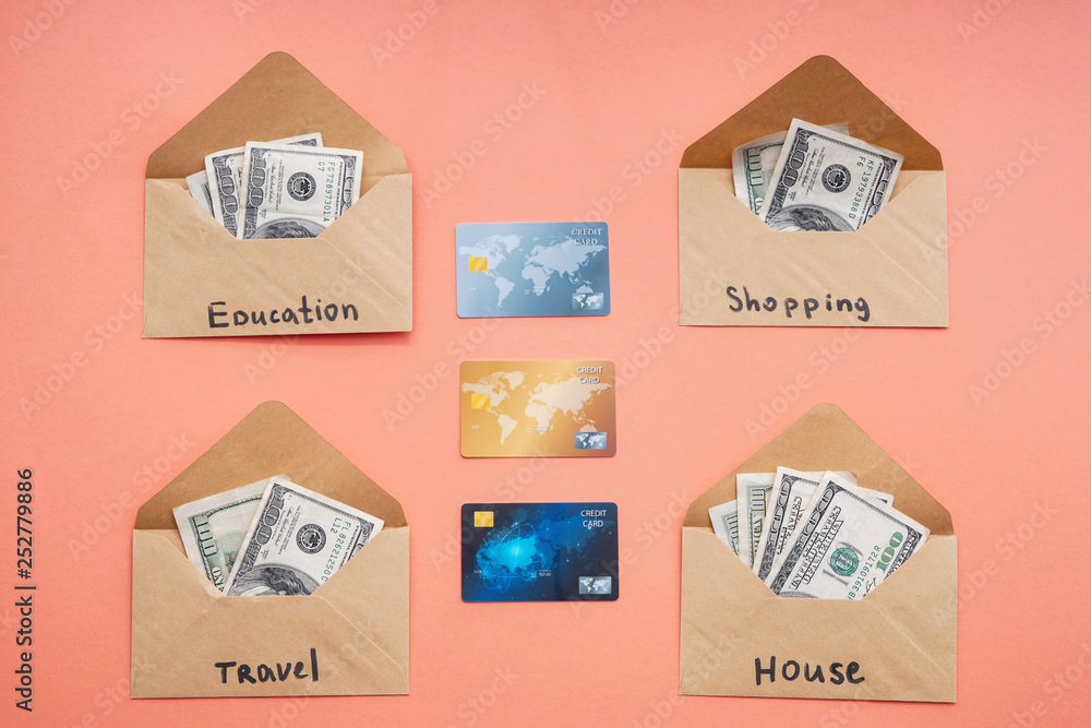 Envelopes with money for different needs and credit cards on color background. Concept of savings