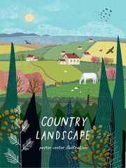 Wall Mural - Vector illustration of a rural landscape or farm with houses, pets, trees and grass. Freehand drawing of a sunny summer day in the village.