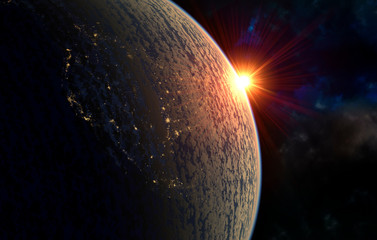 Wall Mural - realistic render of the earth seen from space,sunrise over north america