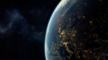 realistic render of the earth seen from space,visible lights of european cities at night.elements of
