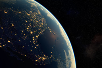  realistic render of the earth seen from space,visible lights of American cities at night.Elements of this image furnished by NASA. 3d rendering