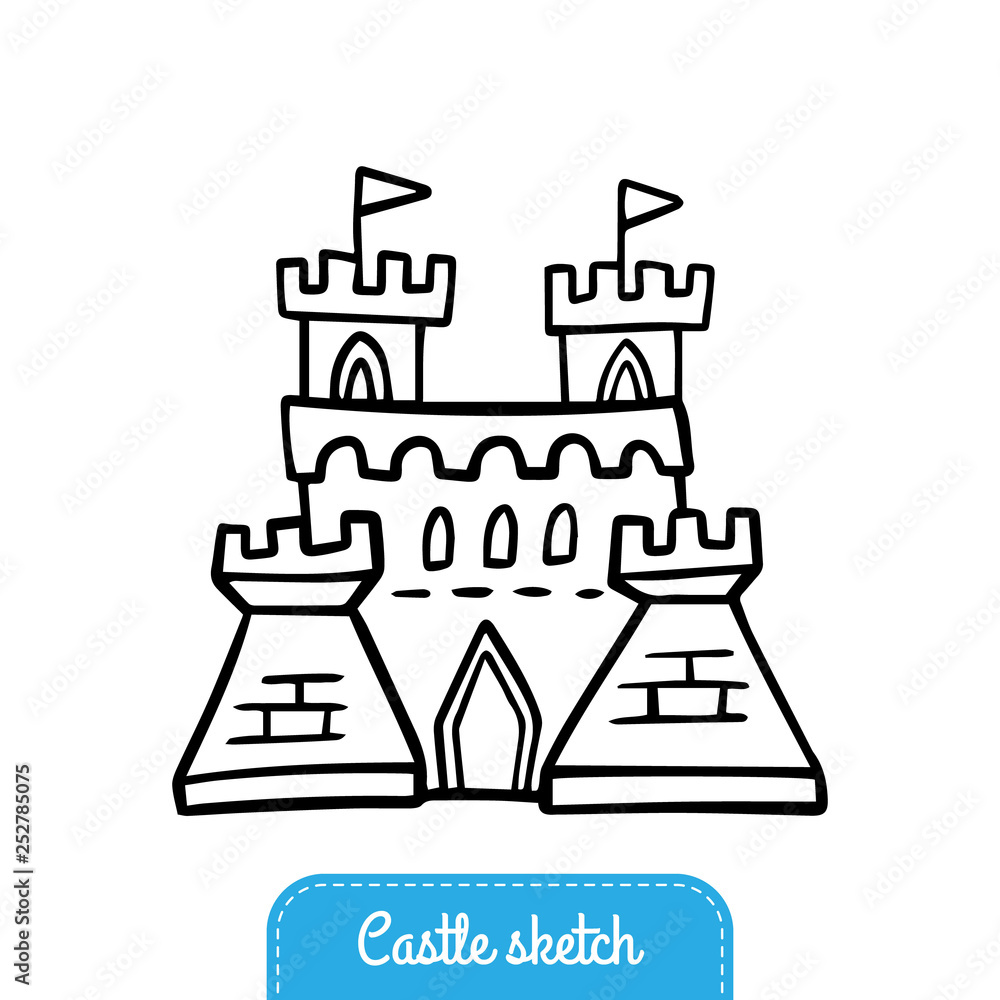 Black and white doodle cartoon castle. Hand-drawn fairytale castle for ...