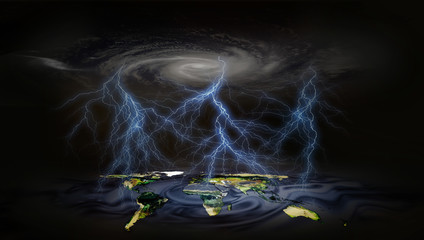 Wall Mural - Conceptual climate change abstract dark lightening bolt with ceiling clouds and planet earth continents map ground in a dark background.  Elements of this image furnished by NASA.