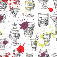 Poster - Cocktail party vector seamless pattern with hand drawn drinks and splashes. Illustration of alcohol glass drink, cocktail party