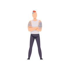 Sticker - Punk Man with Tattoos, Guy Having Tattoo on His Arms and Head Vector Illustration