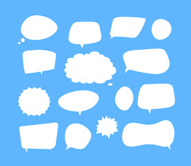 Wall Mural - White speech bubbles. Thinking balloon talks bubbling chat comment cloud comic retro shouting voice shapes vector isolated set. Illustration of cloud and bubble for talk dialog and shout