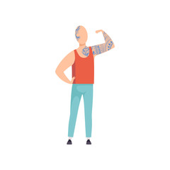 Wall Mural - Bald Young Man with Tattoos, Guy Having Tattoo on His Arm and Head Vector Illustration