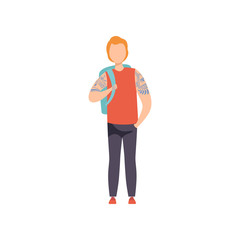 Wall Mural - Young Man with Backpack, Guy Having Tattoos on His Arms Vector Illustration