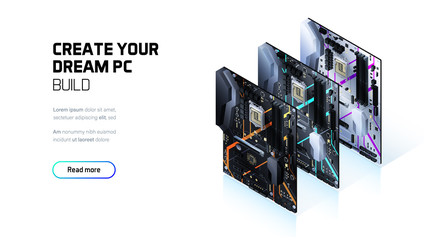 Gaming PC motherboard isometric illustration, custom computer components for workstation, computer store and service