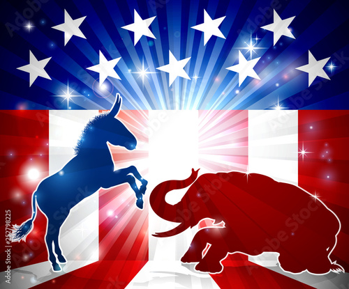 Fotomural An elephant and donkey in silhouette facing off with an American flag in the bac