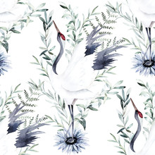 Watercolor Print With Crane Of Eucalyptus Branch. Japanese Style. Hand Drawn Illustration. Seamless Pattern