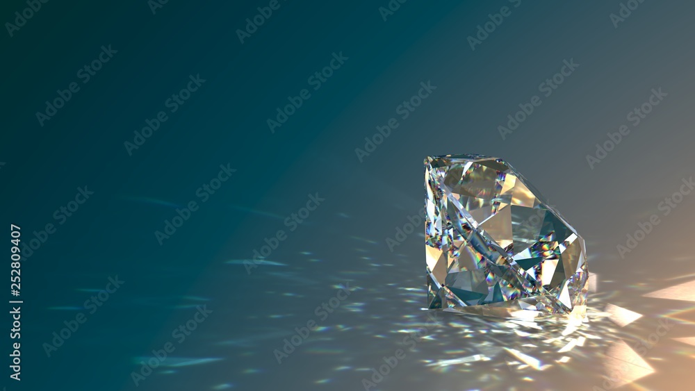 Round cut diamond on gradient background, sparkles, shadow, caustics rays. 3D rendering - obrazy, fototapety, plakaty 