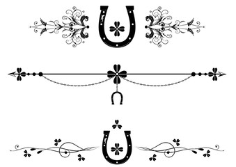 Wall Mural - set of dividers with shamrock, horseshoe, chain and lizard in black and white, St. Patrick's day