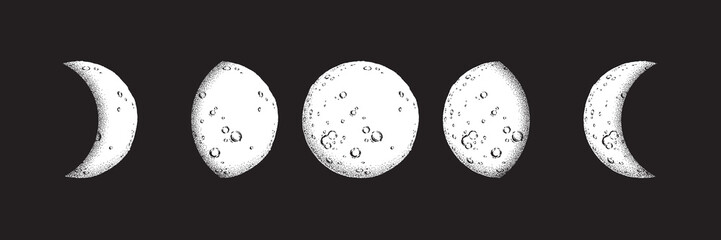 Wall Mural - antique style hand drawn line art and dot work moon phases isolated. boho chic flash tattoo, poster,
