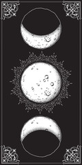 Wall Mural - antique style hand drawn line art and dot work moon phases. boho chic poster, fabric, altar veil or 
