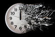 Time is running out concept shows clock that is dissolving away into little particles. Black and white wall clock