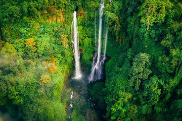 Fototapete - Aerial over Sekumpul waterfall surrounded by dense rainforest and mountains shrouded in mist at sunrise, Bali, Indonesia