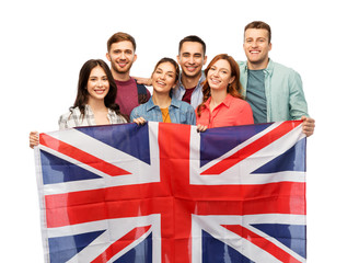 Sticker - patriotism, citizenship and friendship concept - group of smiling friends with british flag over white background