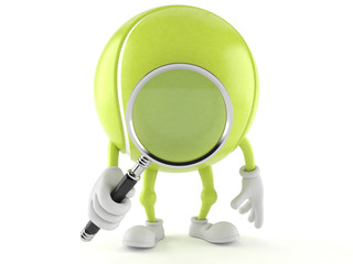 Tennis ball character looking through magnifying glass