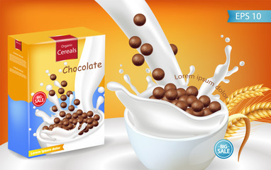 Organic Chocolate cereals milk splash Vector realistic mock up. Product placement label design. 3d detailed illustrations