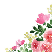 Watercolor Background With Tea Rose Flowers. Hand Painted Floral Corner Arrangement