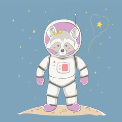 Wall Mural - Lovely cute raccoon girl stand on the planet in space. Space series of children's card