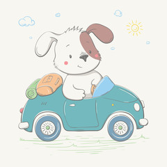 Wall Mural - Lovely cute little dog boy is driving the car. Young camper. Summer series of children's card