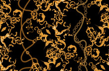 Baroque Pattern With Golden Chains, Fishes And Anchors. Vector Seamless Marine Patch For Scarfs, Print, Fabric.