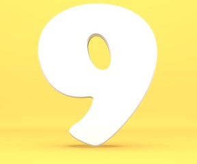 Wall Mural - 3d rendering illustration. White paper digit alphabet character 9 nine font. Front view number 9 symbol on a yellow background.