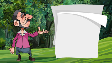 Wall Mural - cartoon man shows his hand on blank posters in the forest