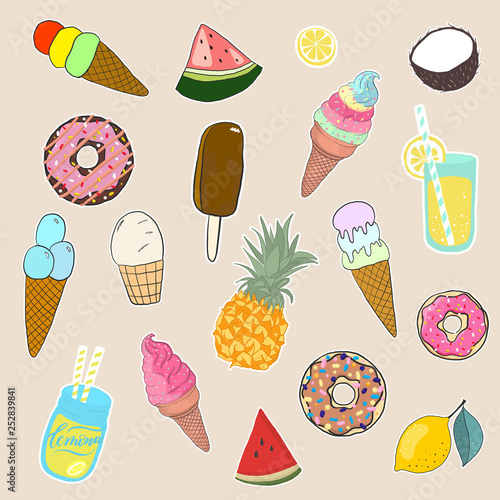 Set Of Girl Fashion Patches Cute Cartoon Badges Fun Stickers Desserts Vector Ice Cream Watermelon Coconut Lemon Pineapple Lemonade And Donuts Vector Stickers Buy This Stock Vector And Explore Similar Vectors